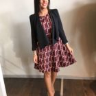 Abito corto a fantasia e giacca nera di pelle Lazzari abbigliamento donna Bergamo collezione vestiti autunno inverno 2018-2019