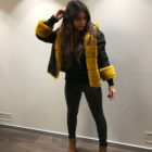 Lazzari Abbigliamento Donna Bergamo collezione autunno-inverno 2018-19 giacca nera pelliccia ocra cappuccio pantalone ecopelle nero